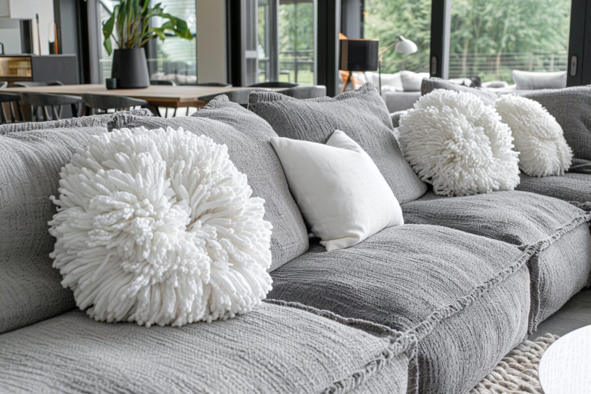 gray-sofa-with-rough-upholstery-fabric-boucle-white-decorative-fluted-cushions-long-pile-white