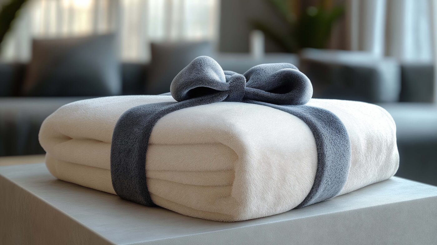 Name-embroidered blanket folded in gift box, cozy and personal,